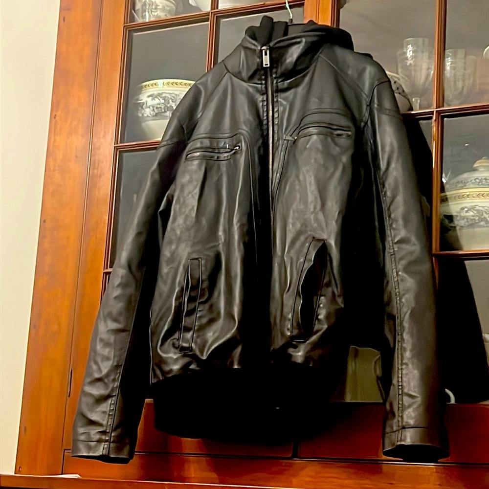 Vintage Guess Faux Leather Hooded Bomber Jacket